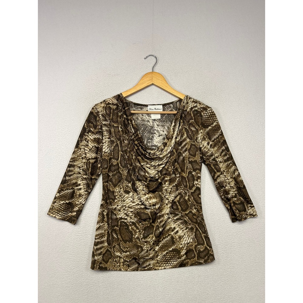 Y2K Snake Print Olivia Matthews Women Small Brown Cowl Neck 3/4 Sleeve Blouse